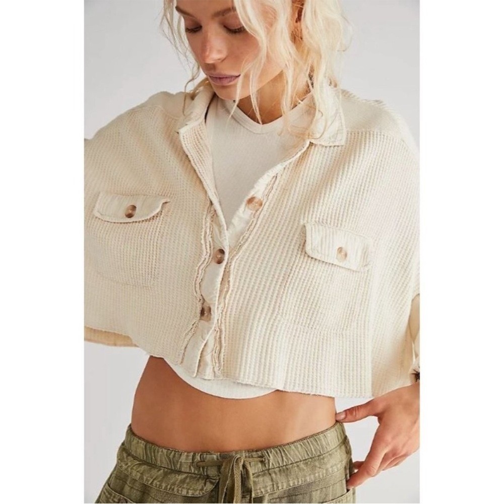 Free People FP One Scout Cropped Jacket Waffle Knit Oversized Ecru Size XL